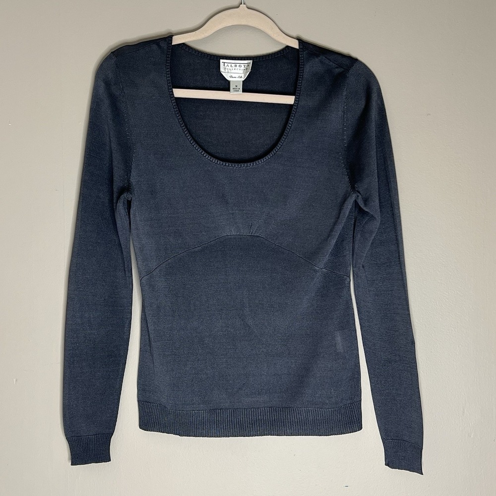Talbots Pure Silk Sweater Medium Gray Lightweight Knit Scoop Neck Women's